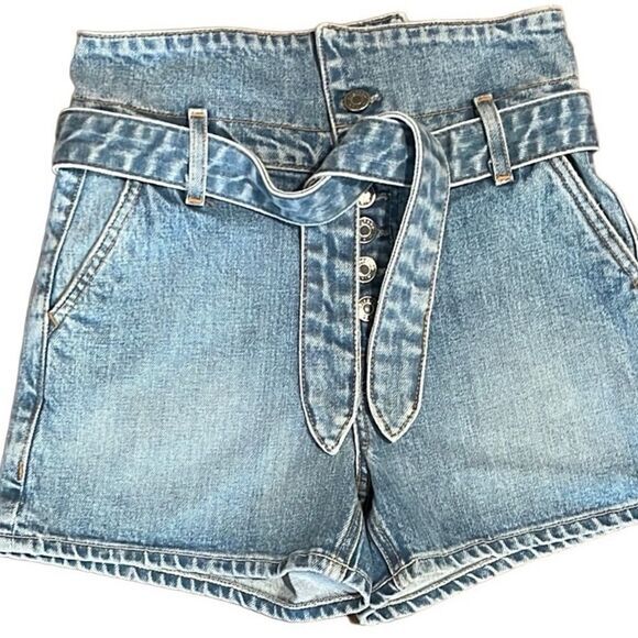 GRLFRND shorts Sz 23 Brynn Tie-Waist Denim Hi Waist Blue Button Fly‎ 70s NWOT - Picture 2 of 10